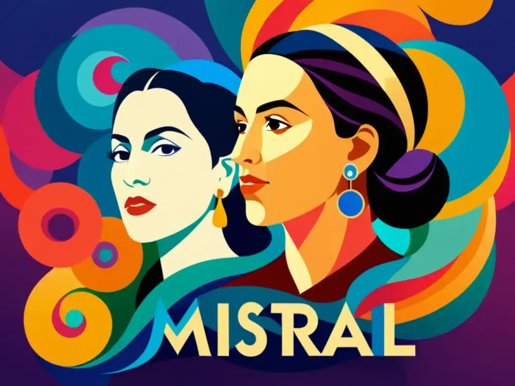 Dos poetas femeninas, Mistral y Storni, rodeadas de palabras y colores vibrantes, capturando su espíritu revolucionario