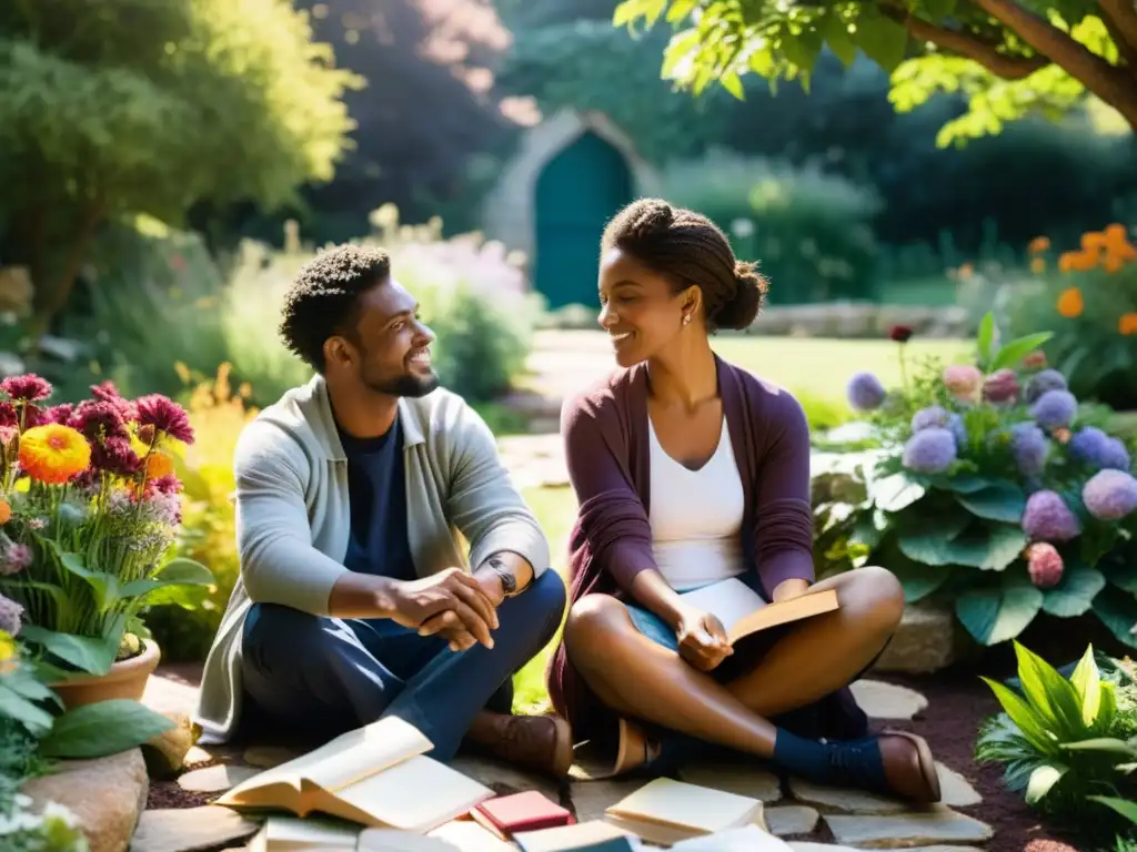 Poesía en colaboración: Encuentro de poetas en el jardín Dos poetas de diferentes países colaboran en un jardín soleado, rodeados de libros y materiales de escritura