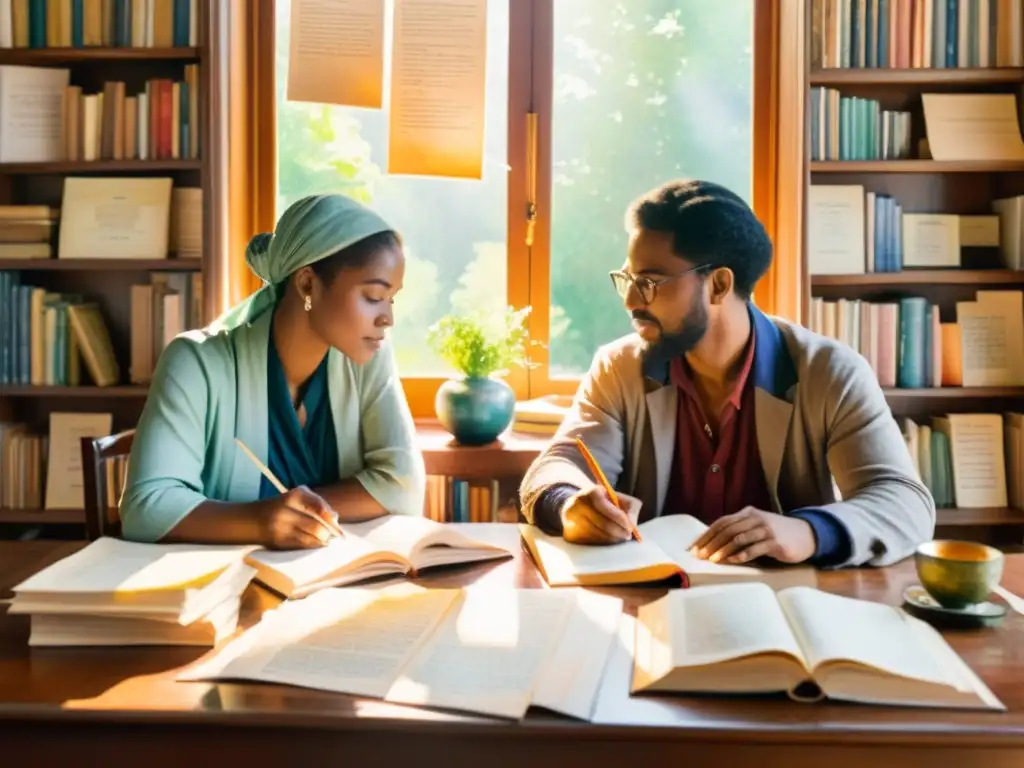 Dos poetas de diferentes países colaboran en una mesa llena de libros y papeles, bajo la cálida luz del sol