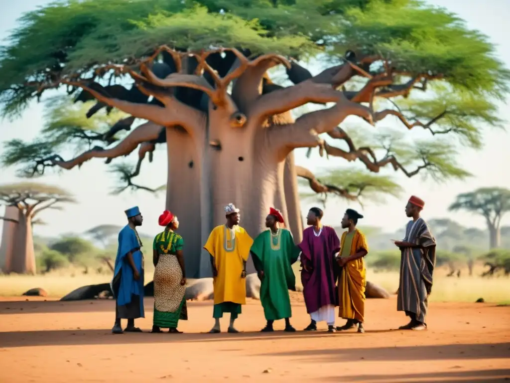 Poetas de vanguardia en Nigeria recitan versos modernos bajo un baobab, creando una escena culturalmente rica y visualmente impactante