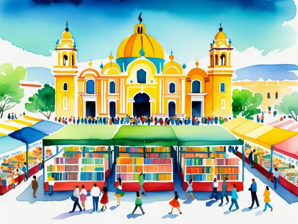 Una representación poética de una bulliciosa feria del libro en Guadalajara, México, con colores vibrantes y un ambiente animado