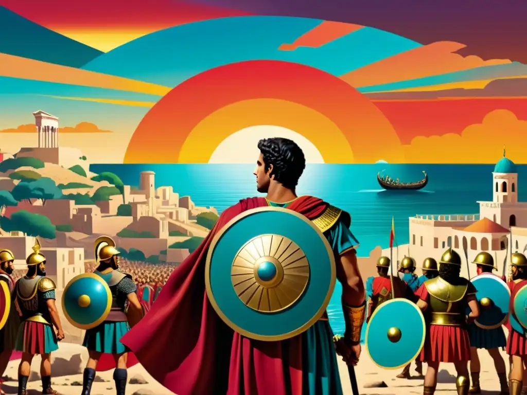 Una reinterpretación poética de La Eneida: Aeneas y sus compañeros en un escenario contemporáneo, con colores vibrantes y un ambiente épico