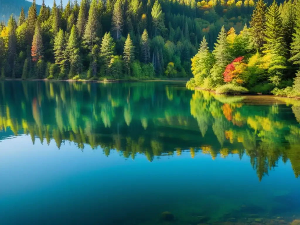 Exploración poética de la estética salvaje en un bosque denso y salvaje junto a un lago cristalino, reflejando la belleza natural en el agua quieta