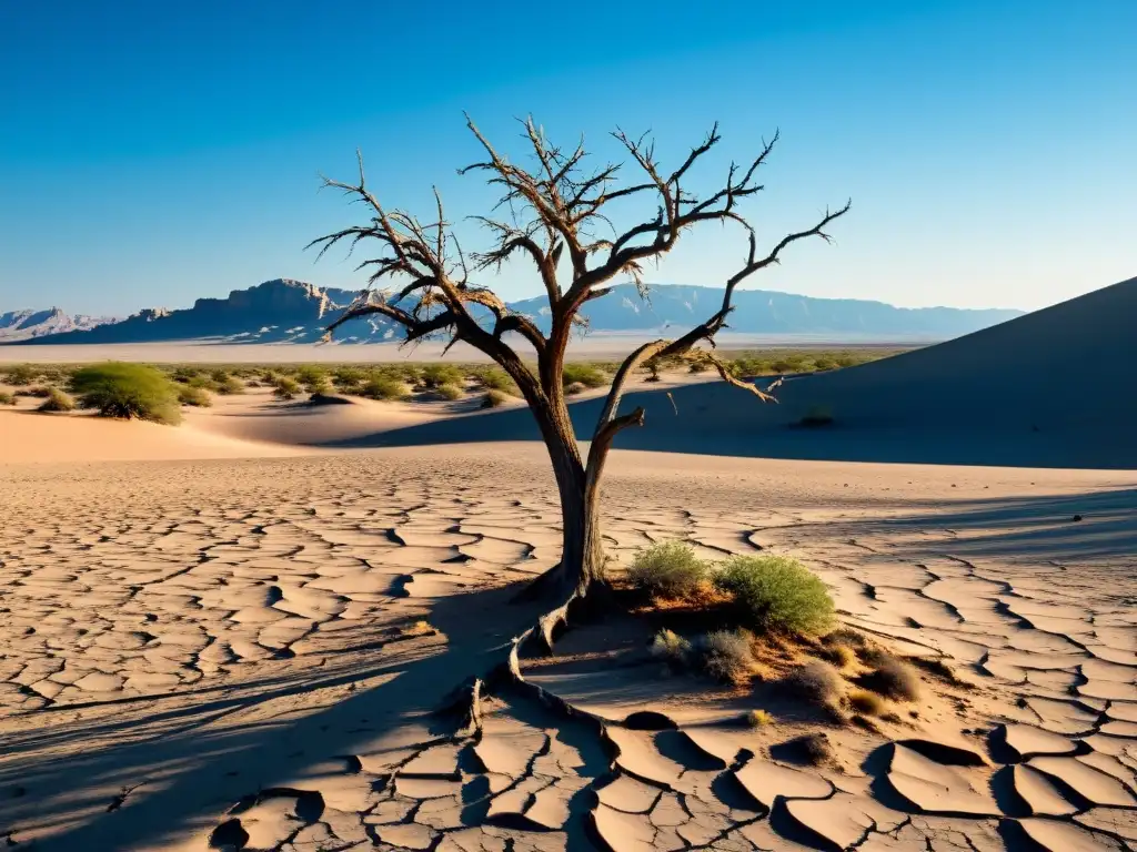 Representación poética de la sequía: un árbol solitario se alza en un desierto ardiente, evocando palabras de desolación y esperanza