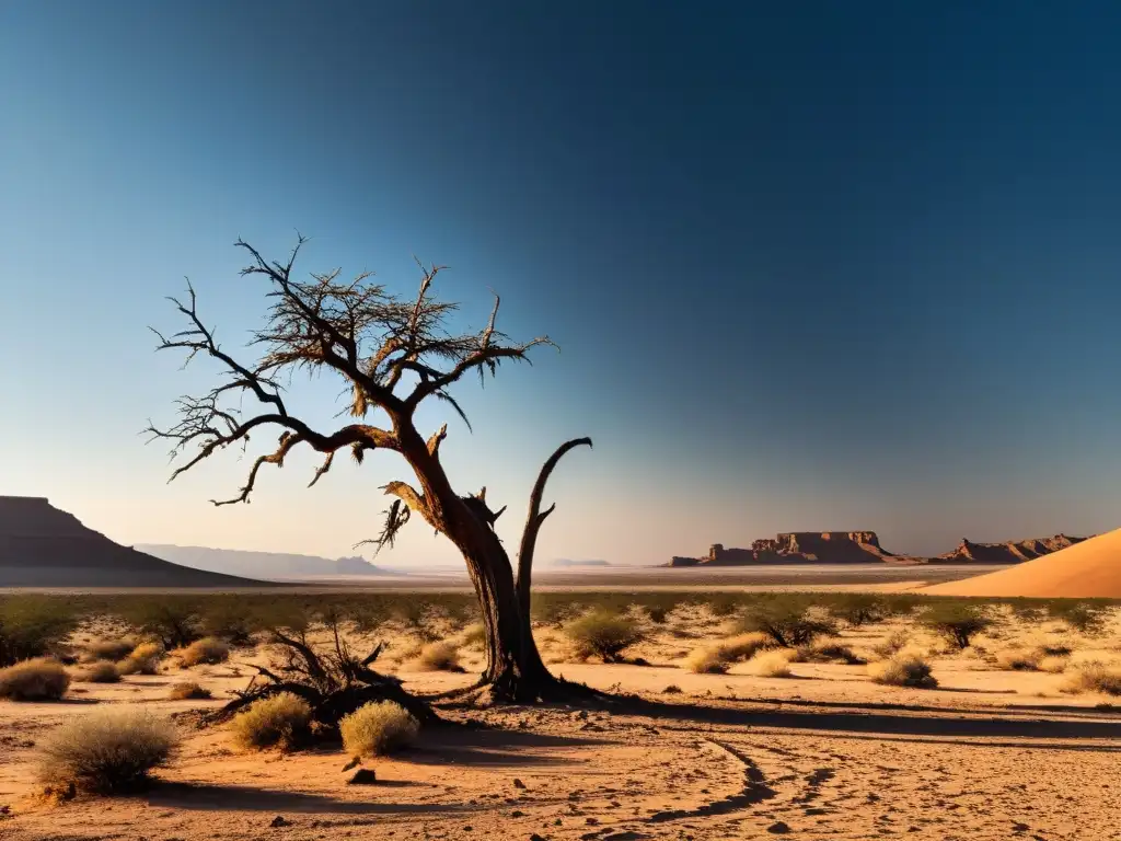 Una representación poética de la sequía en un paisaje desolado con un árbol marchito y un buitre en el cielo sin nubes