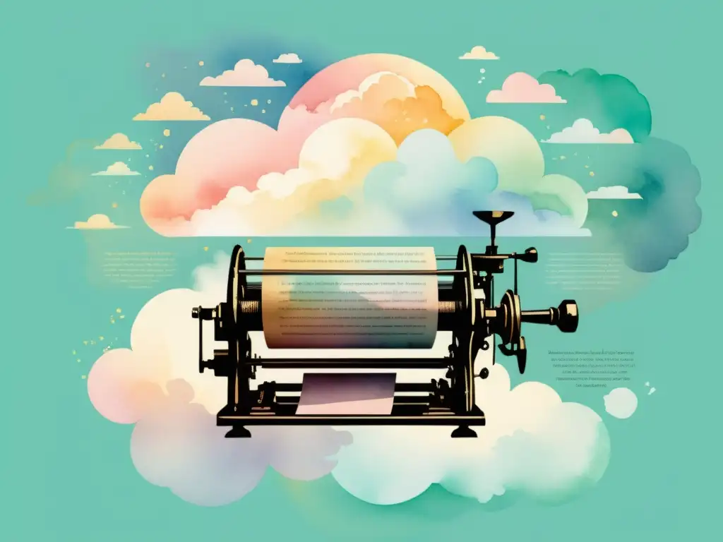 Prensa antigua se transforma en nube digital: poesía etérea Una prensa vintage se transforma en nube digital, liberando versos poéticos hacia la inmortalidad digital, evocando un viaje atemporal