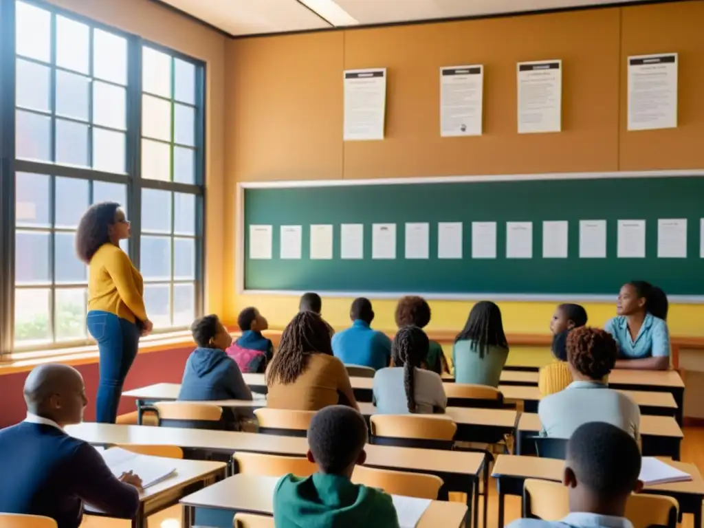 Profesora orgullosa observa a estudiantes participando en recitación de poesía en un aula luminosa y creativa