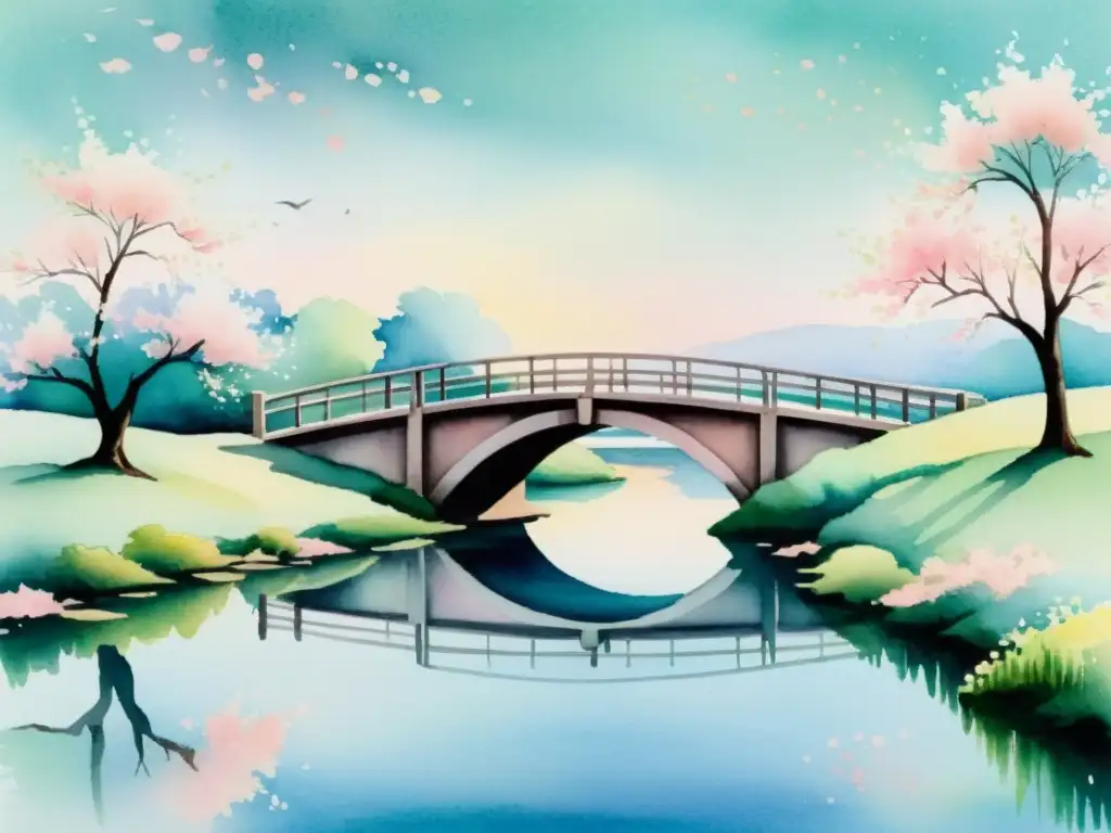 Pintura acuarela del puente en el río, con cerezos en flor Un puente poético entre culturas, reflejando la Poesía de Kahlil Gibran Oriente Occidente en una serena acuarela