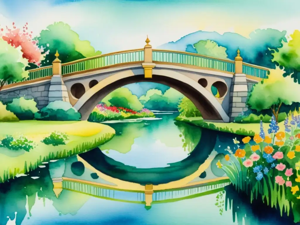 Un puente sobre un río tranquilo, adornado con poesía en diversos idiomas y flores vibrantes, simbolizando la poesía a través de culturas