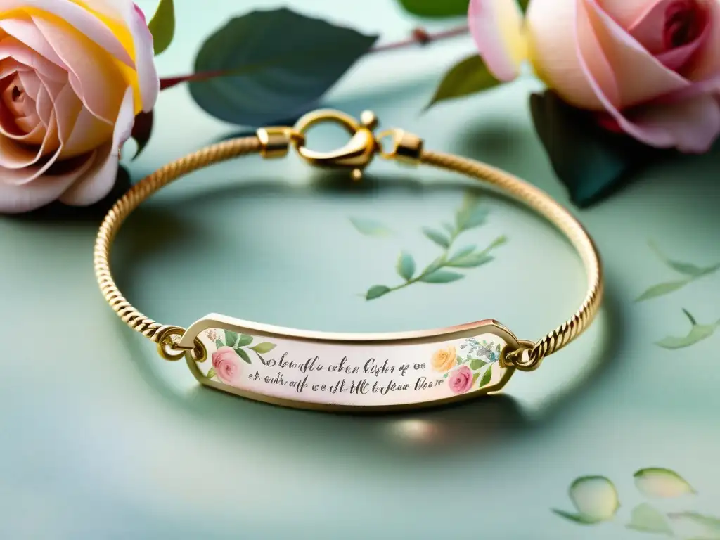 Una pulsera delicada con inscripciones poéticas y patrones florales en acuarela, reposando sobre pétalos de rosa