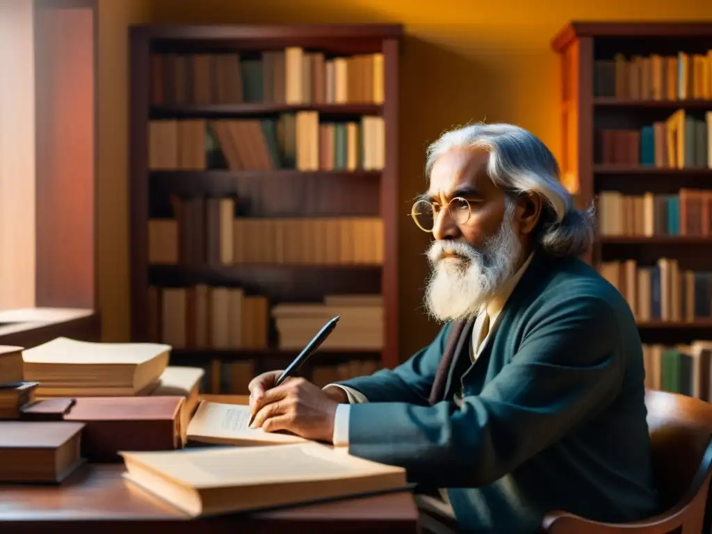 Rabindranath Tagore en su escritorio, rodeado de libros, bañado en luz dorada