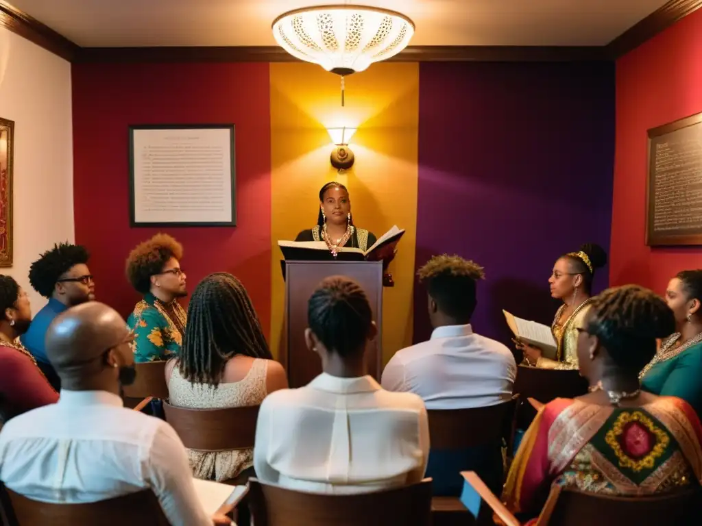 Un recital de poesía íntimo en un espacio decorado con textiles vibrantes y el poeta vistiendo atuendo LGBTQ+ tradicional, recitando apasionadamente