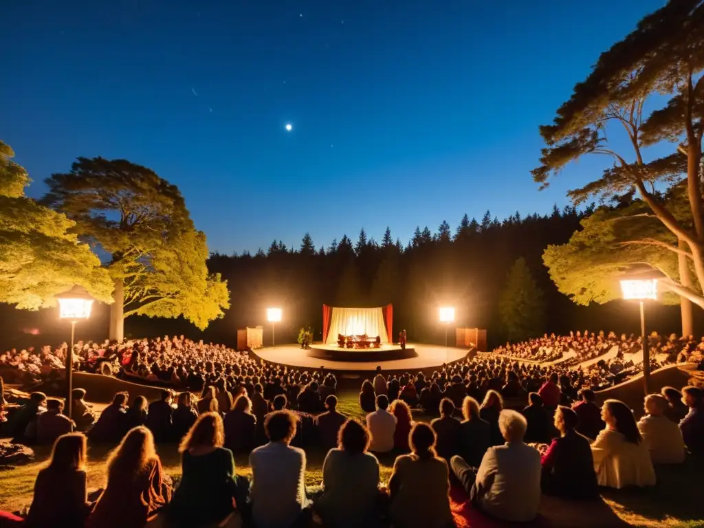 Un recital de poesía nocturno en un anfiteatro al aire libre, bajo la luna y las estrellas