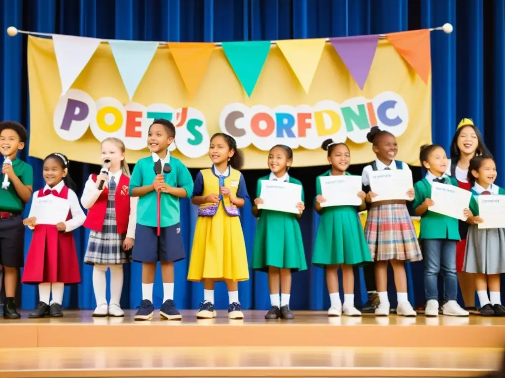 Organización de recitales poéticos escolares: Niños recitando poesía en un escenario colorido con padres y maestros emocionados