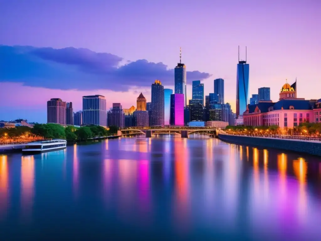 El reflejo cultural de una poesía contemporánea se ilumina en el vibrante skyline urbano al anochecer, con rascacielos y luces danzantes sobre el río