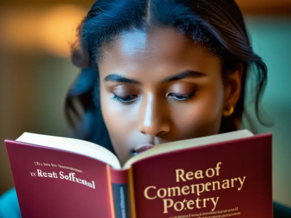 Reflejo en espejo de rostro leyendo poesía, con expresión reflexiva