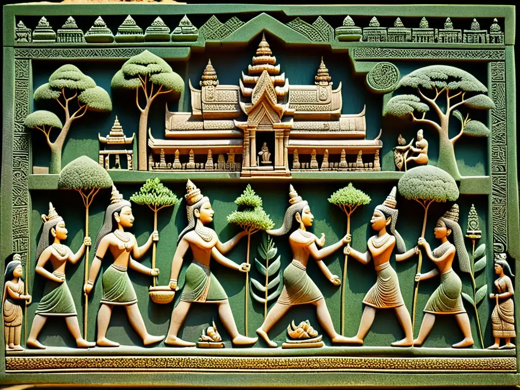 Relieve de Angkor: Vida cotidiana en piedra Relieve de piedra tallada con escenas de la vida diaria en la antigua Angkor, mostrando actividades como agricultura, pesca y comercio