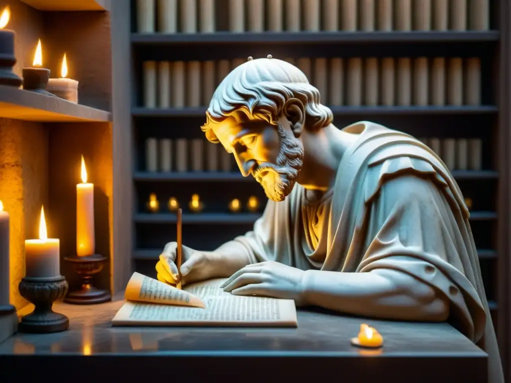 Relieve de mármol de un poeta romano componiendo elegías en su estudio en Roma, con una atmósfera emotiva y contemplativa