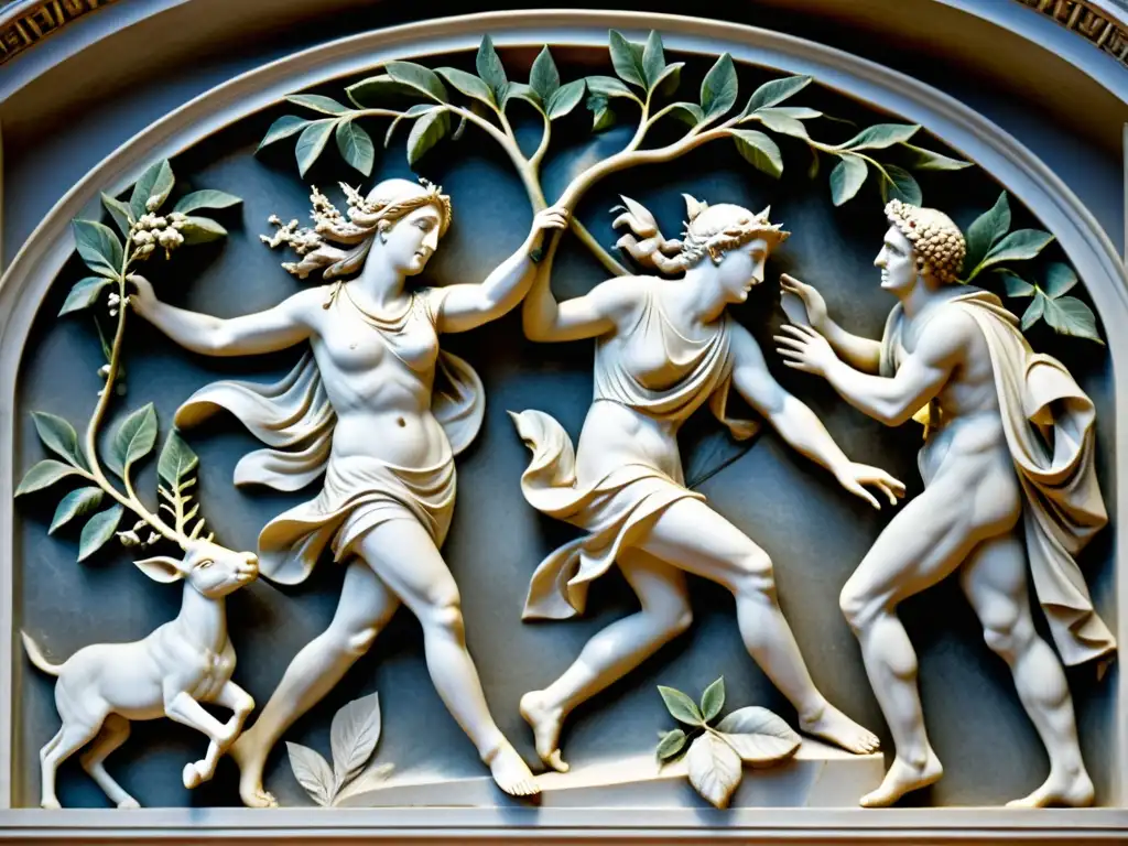 Relieve de mármol romano detallado, mostrando la transformación de Dafne en laurel ante Apolo, con expresiones conmovedoras
