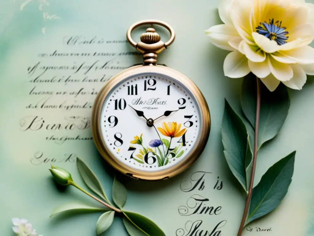 Un reloj de bolsillo vintage entre flores y poesía, con un toque nostálgico