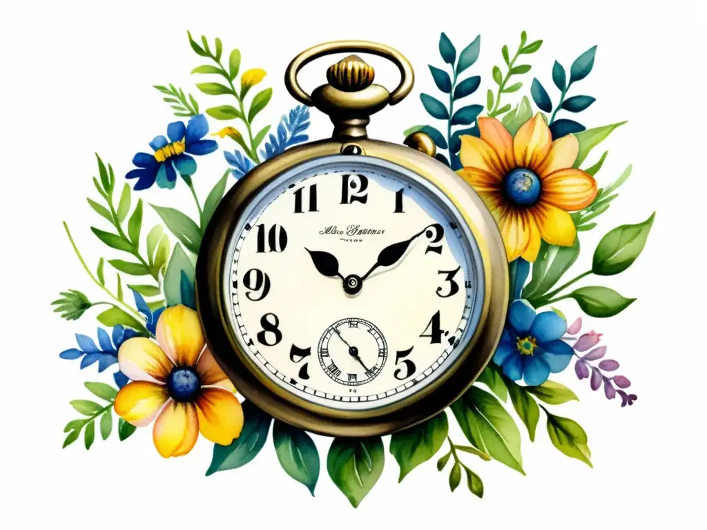 Un reloj vintage descansa entre flores silvestres, una obra de arte en acuarela que inspira poesía y elegancia atemporal