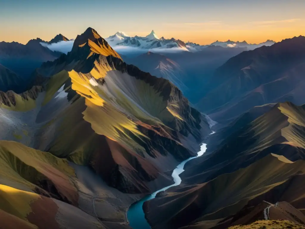 Residencia en la Tierra: paisaje de los Andes bañado en la luz dorada del atardecer, evocando la soledad y la belleza de los versos de Pablo Neruda