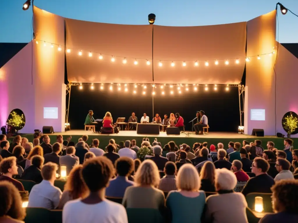 Fotografía de alta resolución de un festival de poesía emergente en la hora dorada