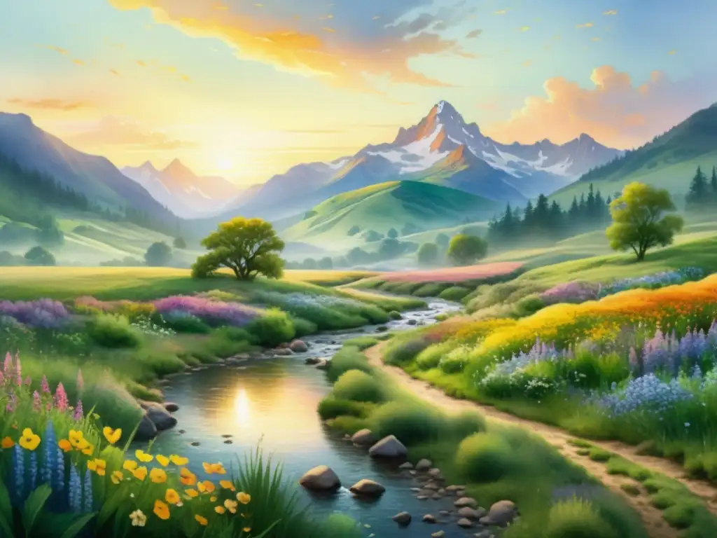 Retiros de escritura poética inspiradora: pintura acuarela de un paisaje sereno con pradera verde, flores silvestres y montañas al atardecer