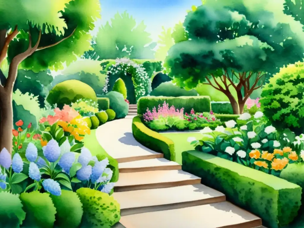 Retiros exclusivos de poesía: Pintura acuarela serena de un jardín exuberante y tranquilo, con flores vibrantes y follaje exuberante