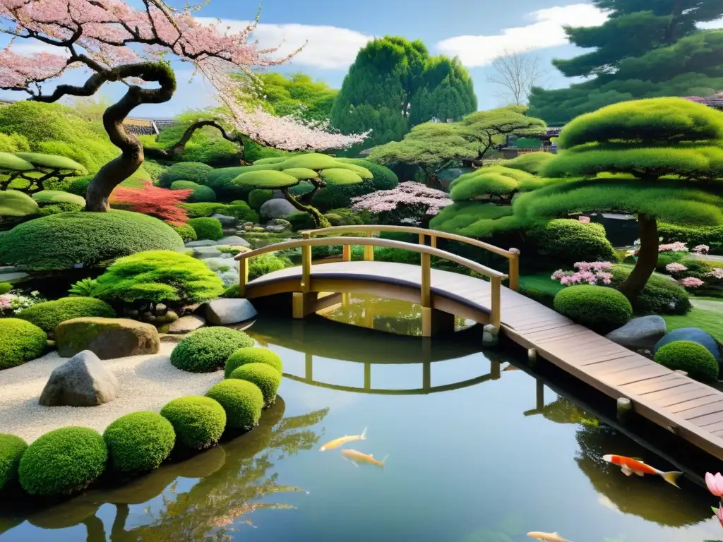 Retiros de Haiku en Japón: Jardín japonés tradicional con bonsáis, puente de madera y koi en estanque, evocando paz y belleza armoniosa