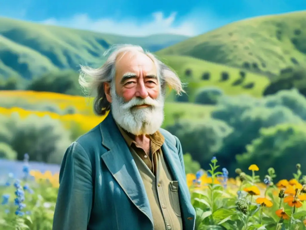 Un retrato acuarela de Walt Whitman entre flores silvestres, bajo un cielo azul