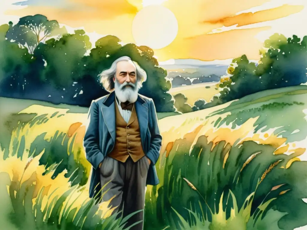 Retrato acuarela detallado de Walt Whitman en un campo exuberante al atardecer, reflejando el impacto de Leaves of Grass