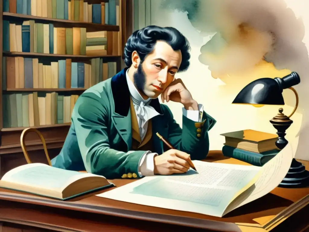 Retrato acuarela detallado de Alexander Pushkin en su escritorio, rodeado de libros y plumas, reflejando su introspección poética