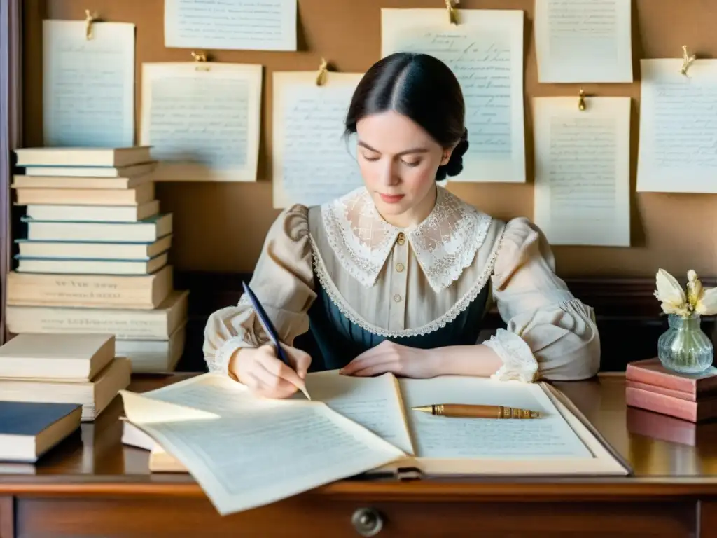 Retrato acuarela detallado de Emily Dickinson en su escritorio, rodeada de poemas y cartas