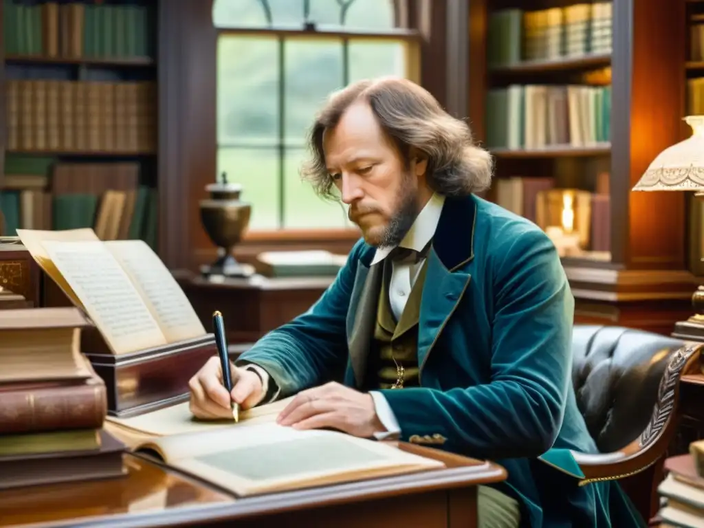 Retrato acuarela detallado de Alfred Tennyson en un estudio victoriano, rodeado de libros y papeles