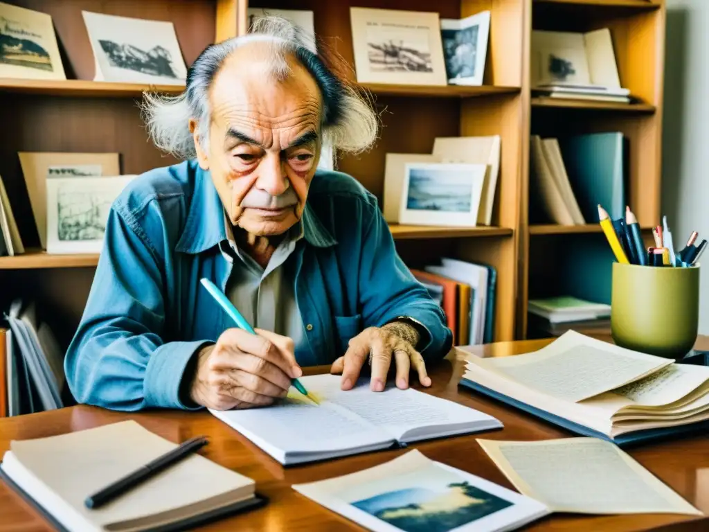 Retrato en acuarela detallado de Nicanor Parra, rodeado de papeles arrugados y cuadernos manchados de tinta