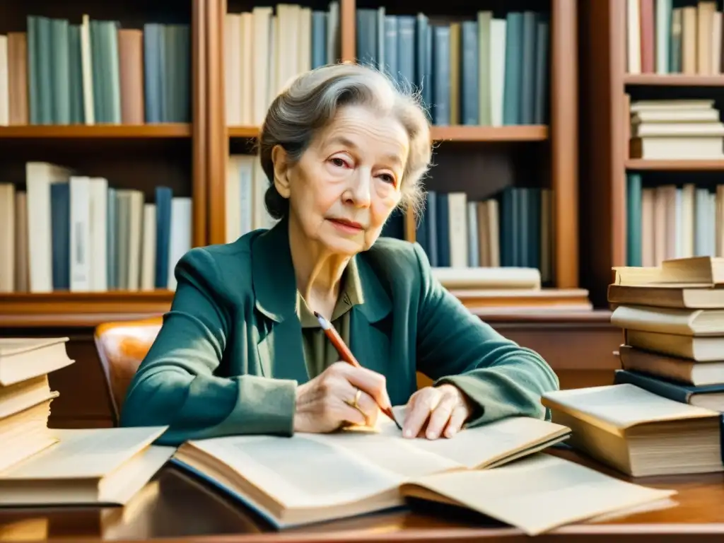 Retrato en acuarela detallado de Wisława Szymborska en su escritorio, rodeada de libros y papeles