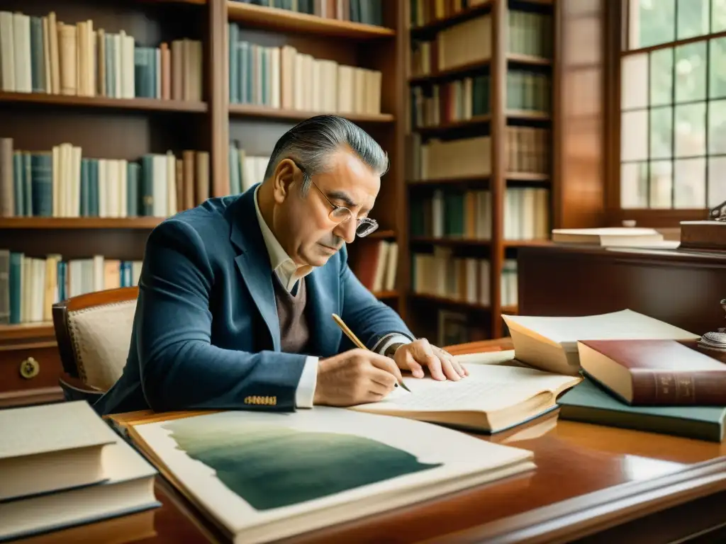 Retrato en acuarela de Giovanni Pascoli, escritor, rodeado de libros y papeles, con una expresión contemplativa