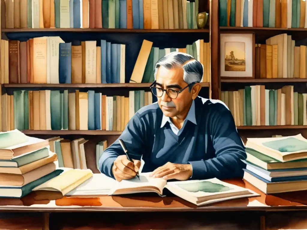 Retrato en acuarela de José Asunción Silva en su escritorio, rodeado de libros y papeles, con una expresión contemplativa