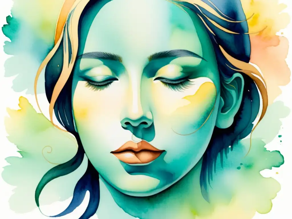 Retrato acuarela: Serenidad en colores suaves Retrato en acuarela de una expresión serena con ojos cerrados