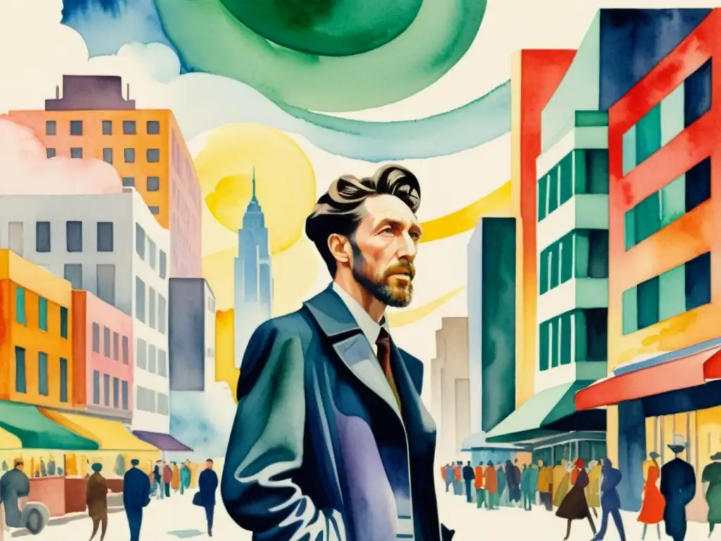 Retrato en acuarela de Ezra Pound en una bulliciosa calle de la ciudad, rodeado de energía y controversia del modernismo
