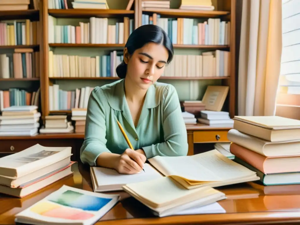 Retrato en acuarela de Alfonsina Storni, ícono del feminismo y la literatura hispanoamericana, escribiendo con determinación entre libros y papeles