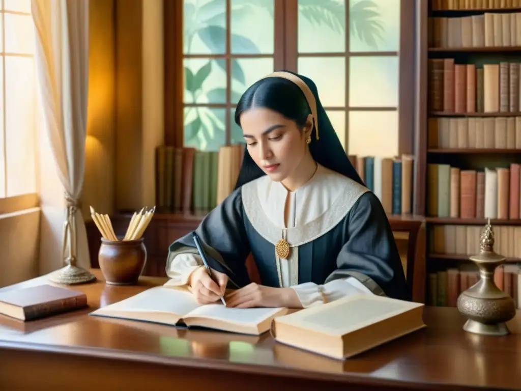 Retrato en acuarela de Sor Juana Inés de la Cruz en su escritorio, rodeada de libros y pergamino