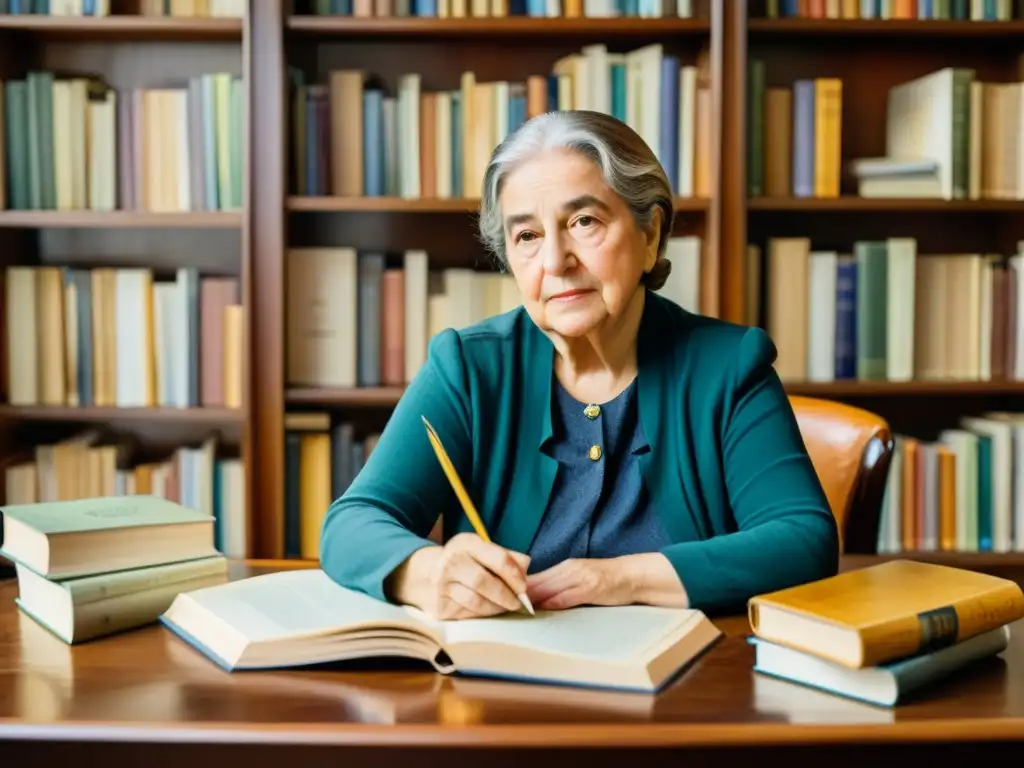 Retrato en acuarela de Gabriela Mistral Premio Nobel Literatura, rodeada de libros, escribiendo con expresión reflexiva