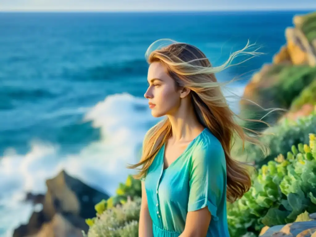 Retrato en acuarela de mujer contemplativa en acantilado frente al mar al atardecer