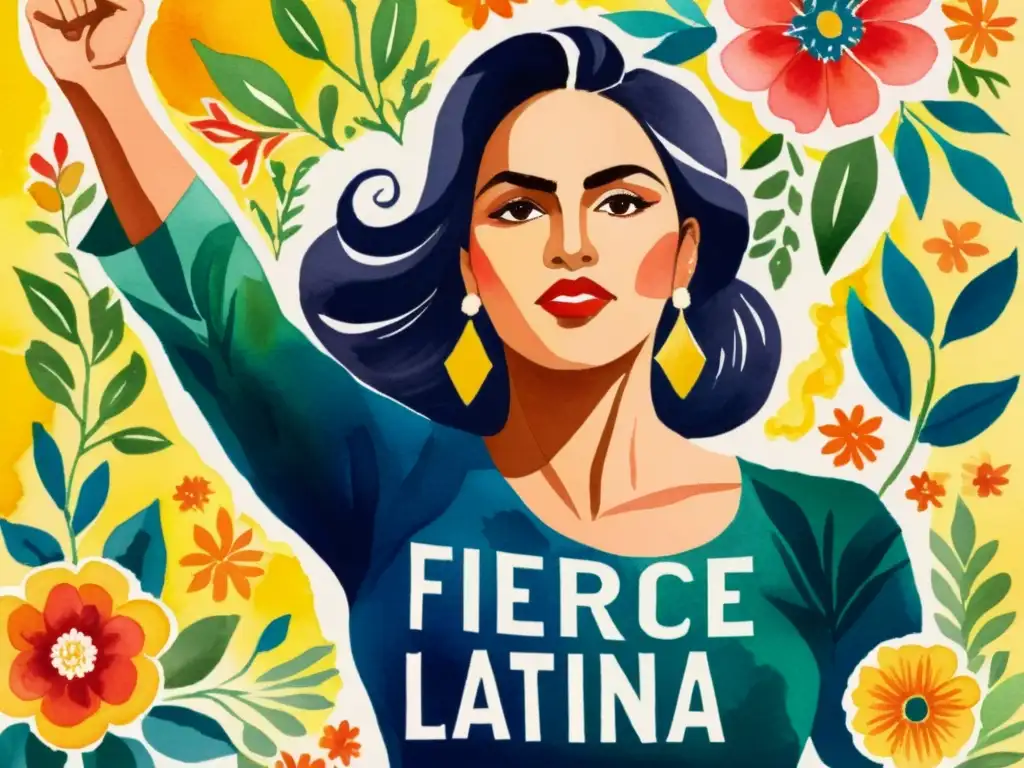 Retrato acuarela de mujer latina con puño en alto y versos poéticos Retrato en acuarela de una mujer latina feroz con patrones florales vibrantes, puño en alto y mirada determinada