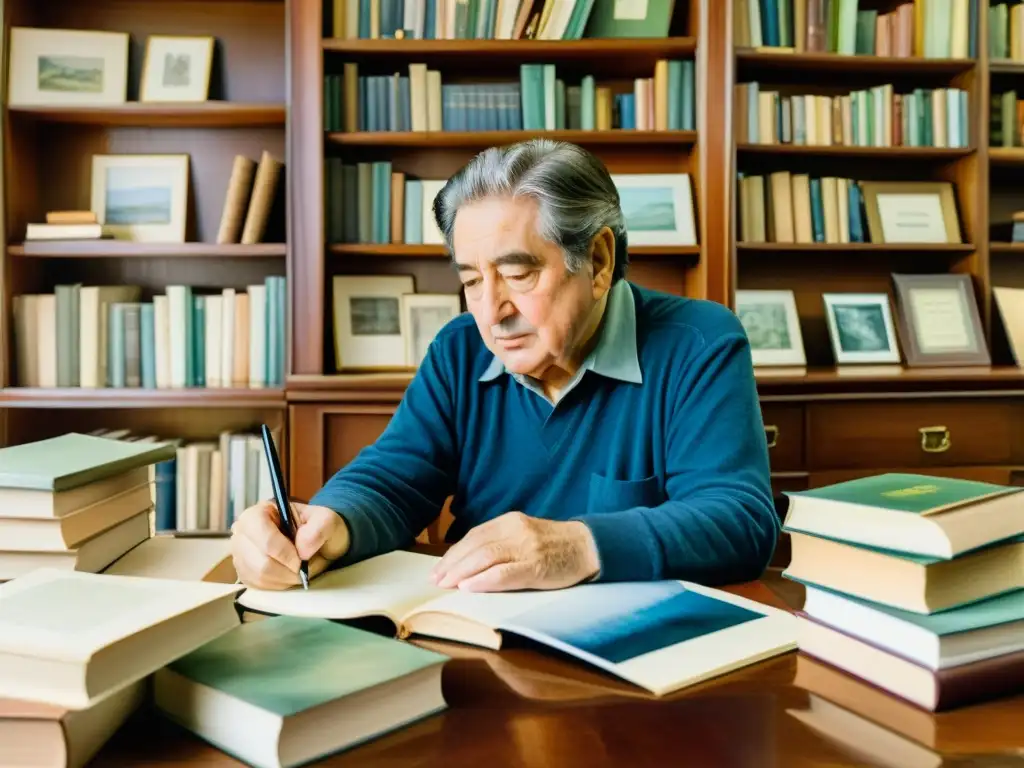 Retrato en acuarela de Octavio Paz en su escritorio, rodeado de libros y papeles