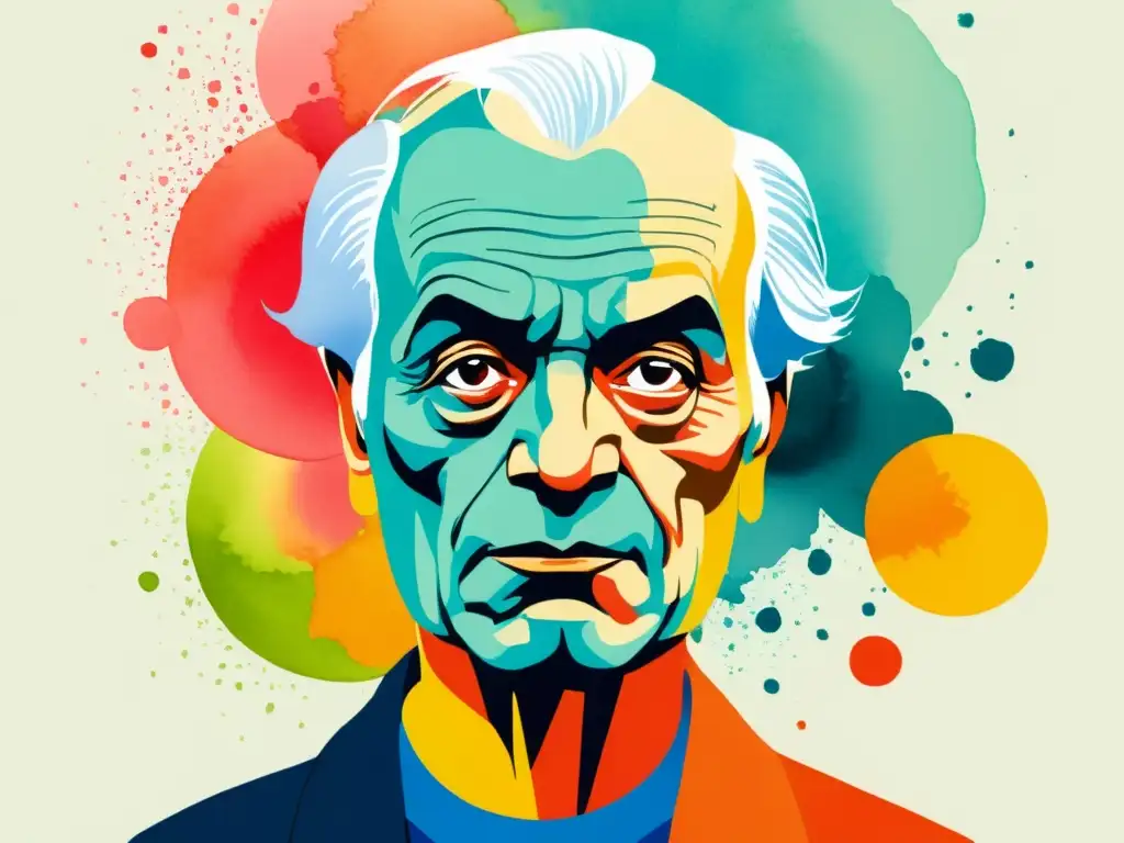 Retrato acuarela de Nicanor Parra desafiando convenciones poéticas con elementos del antipoesía en una atmósfera etérea y rebelde