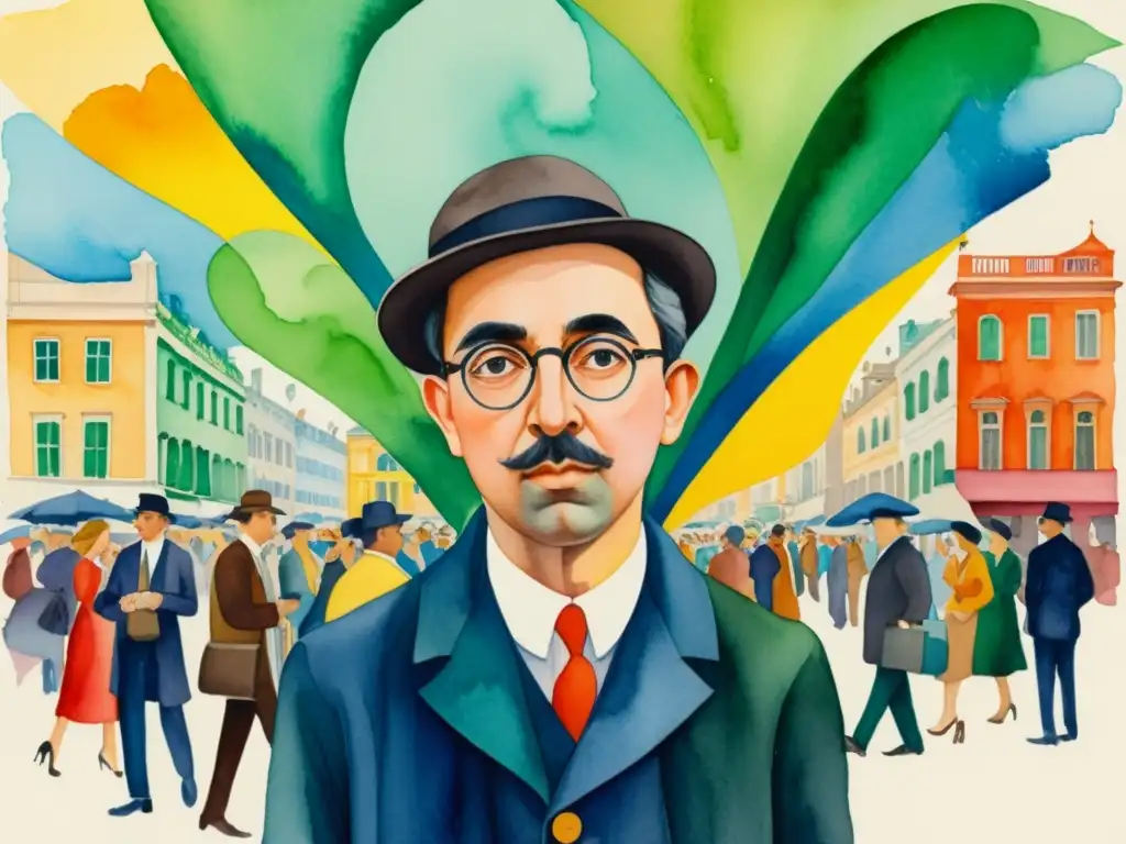 Un retrato acuarela de Fernando Pessoa en una plaza con rostros superpuestos que expresan emociones