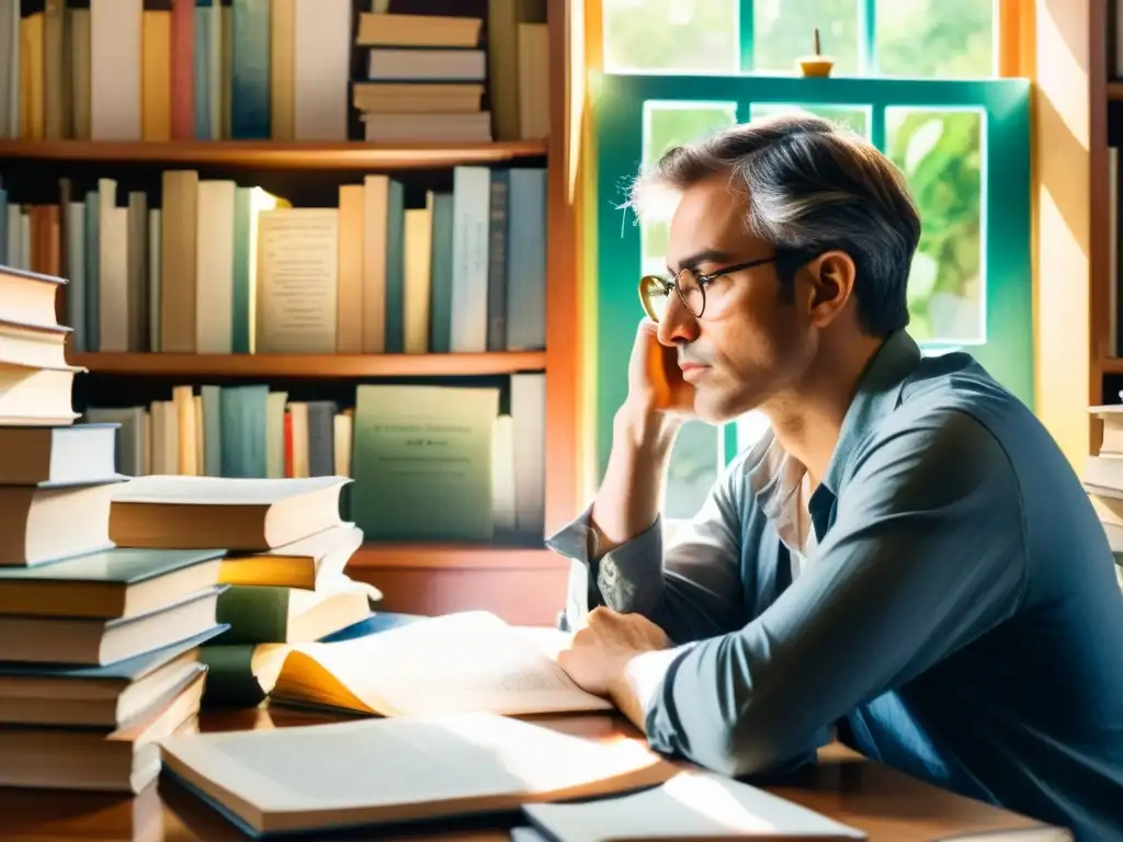 Retrato en acuarela de un poeta contemplativo inmerso en su diálogo interior, rodeado de libros y luz cálida